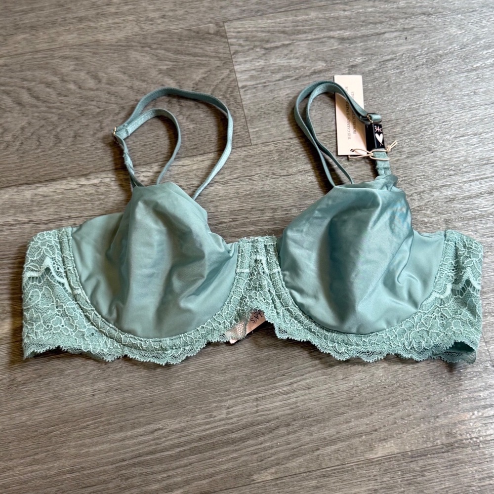 Victoria's Secret Unlined Balconette Bra Sage Green Lace Underwire 34C - Picture 2 of 8